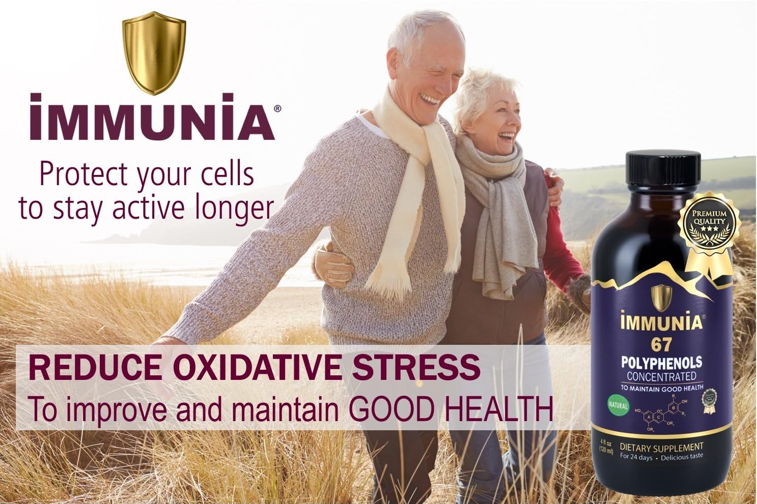 Immunia 67 Polyphenols black currant bottle signals natural antioxidant boost.
