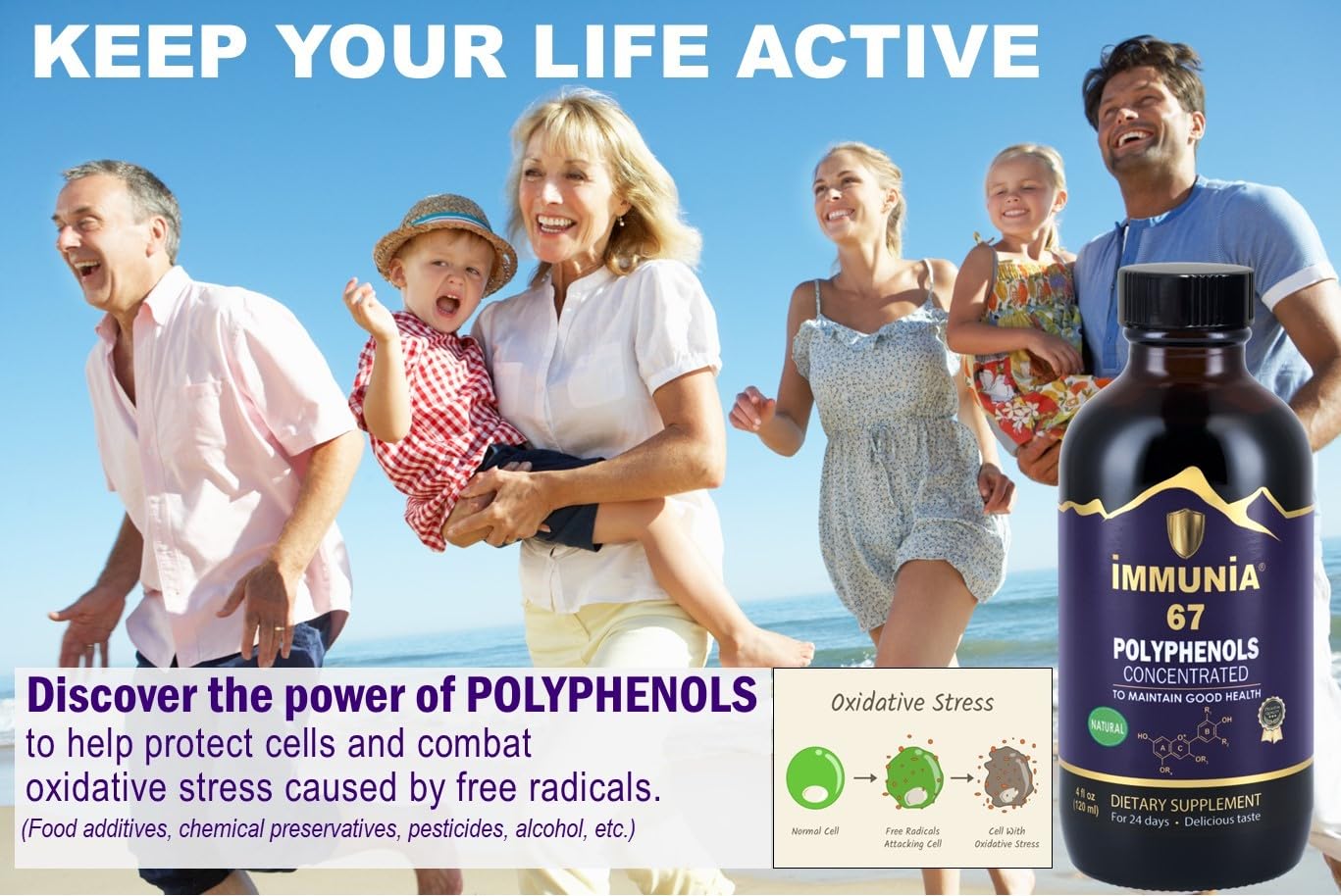 Immunia 67 Polyphenols measuring cup shows precise 5 ml dosing.