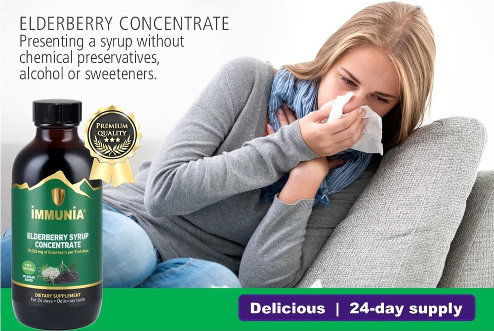 Immunia elderberry syrup bottle pour demonstrates convenient daily dosage.
