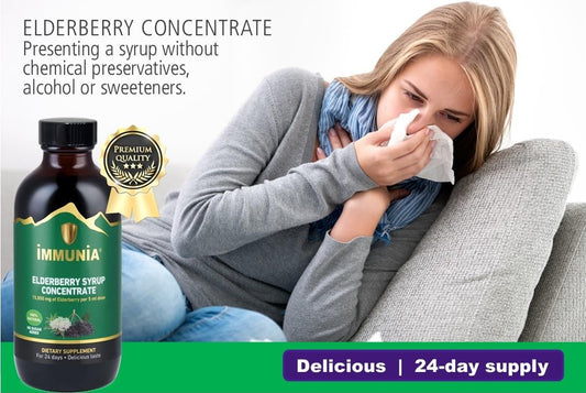 Immunia elderberry syrup bottle pour demonstrates convenient daily dosage.