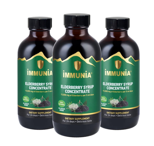 Immunia elderberry syrup bottle with no sugar added and rich flavor.