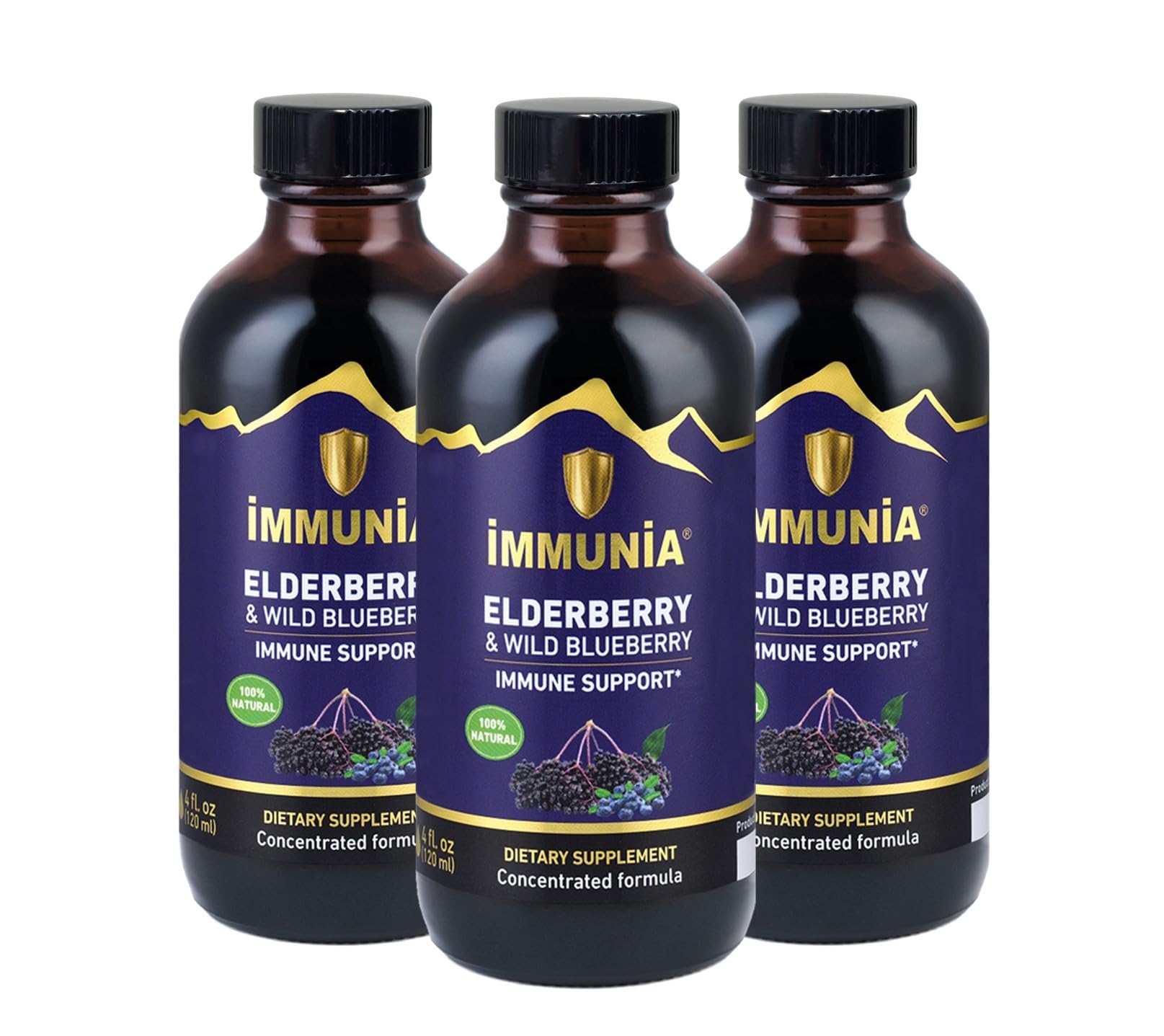 Immunia elderberry and wild blueberry concentrate bottle for immune support and flavor.