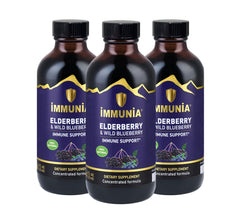 Immunia elderberry and wild blueberry concentrate bottle for immune support and flavor.
