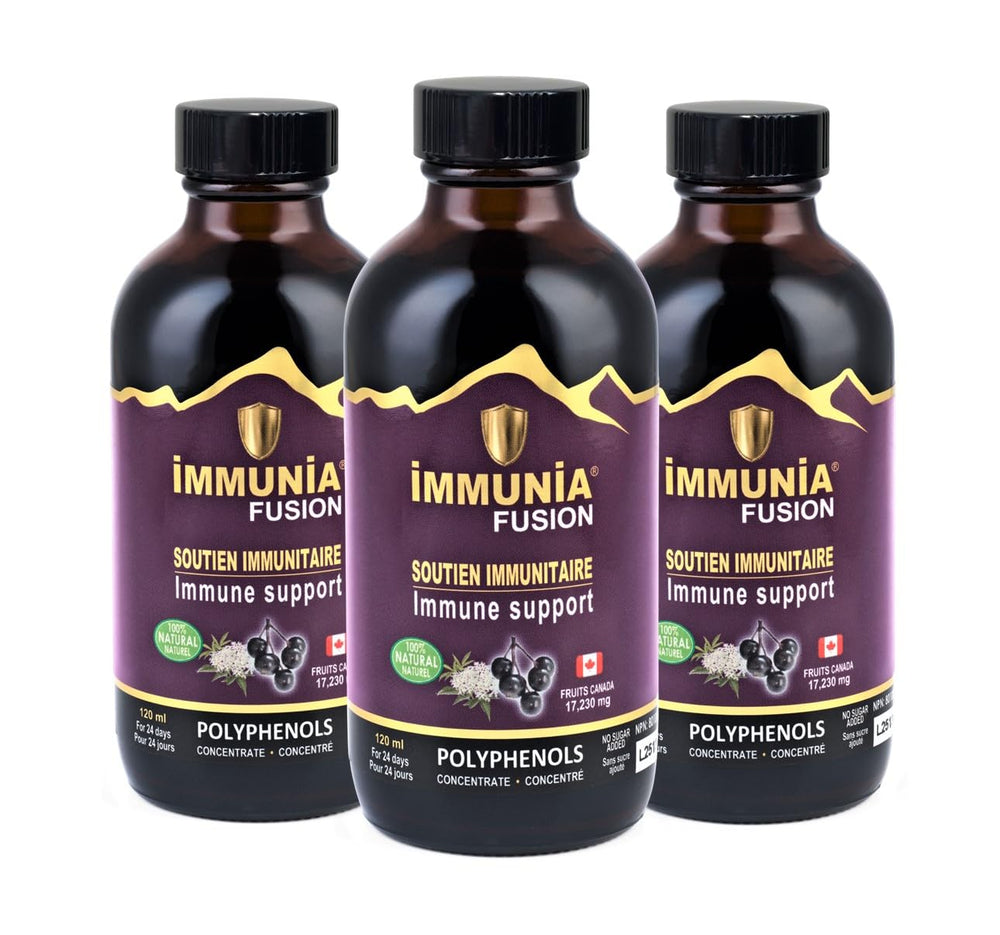 Immunia Fusion bottle front label showing elderberry and blue fruit blend for immune support.
