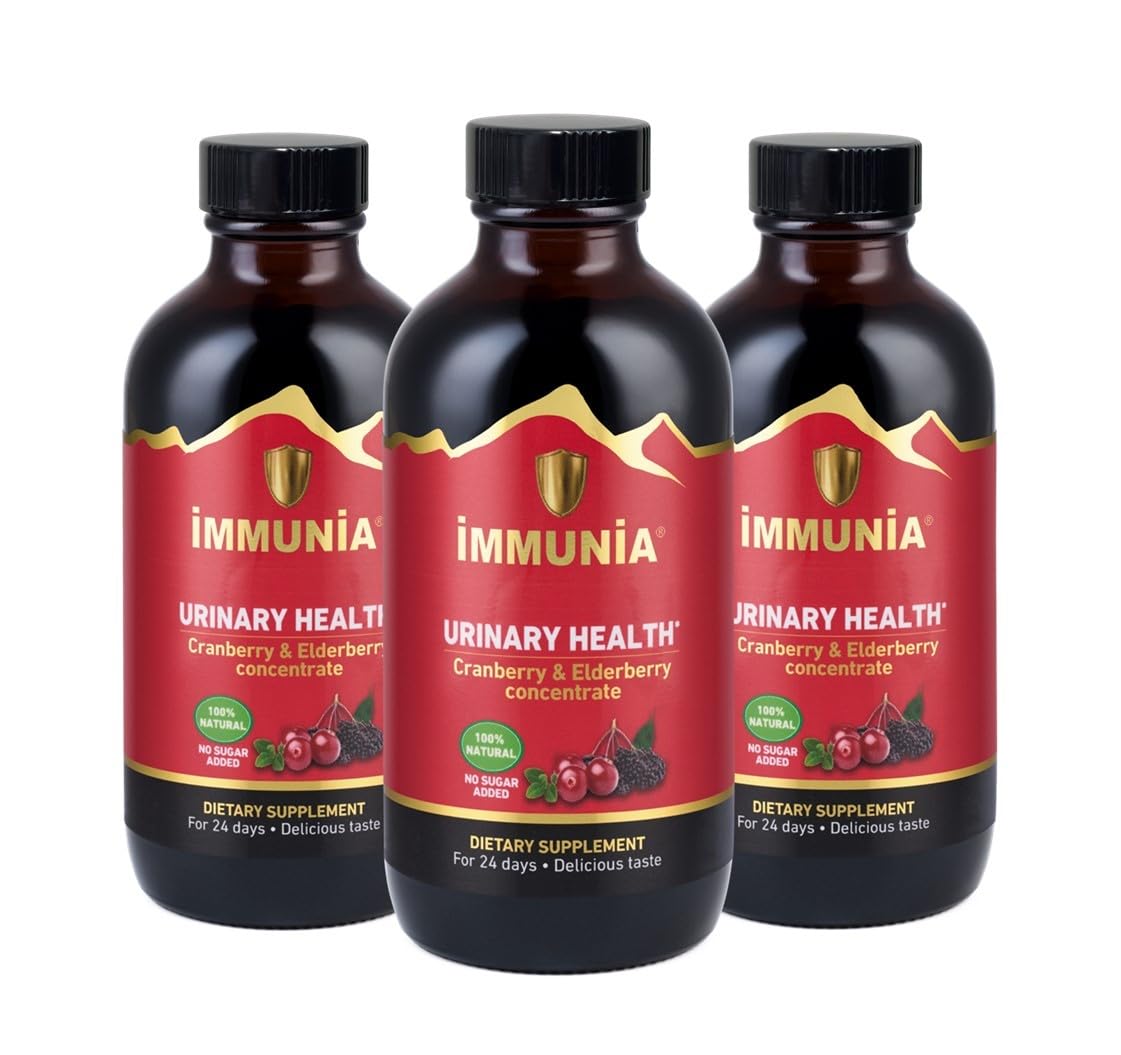 Immunia urinary health bottle shows cranberry-elderberry blend for daily wellness
