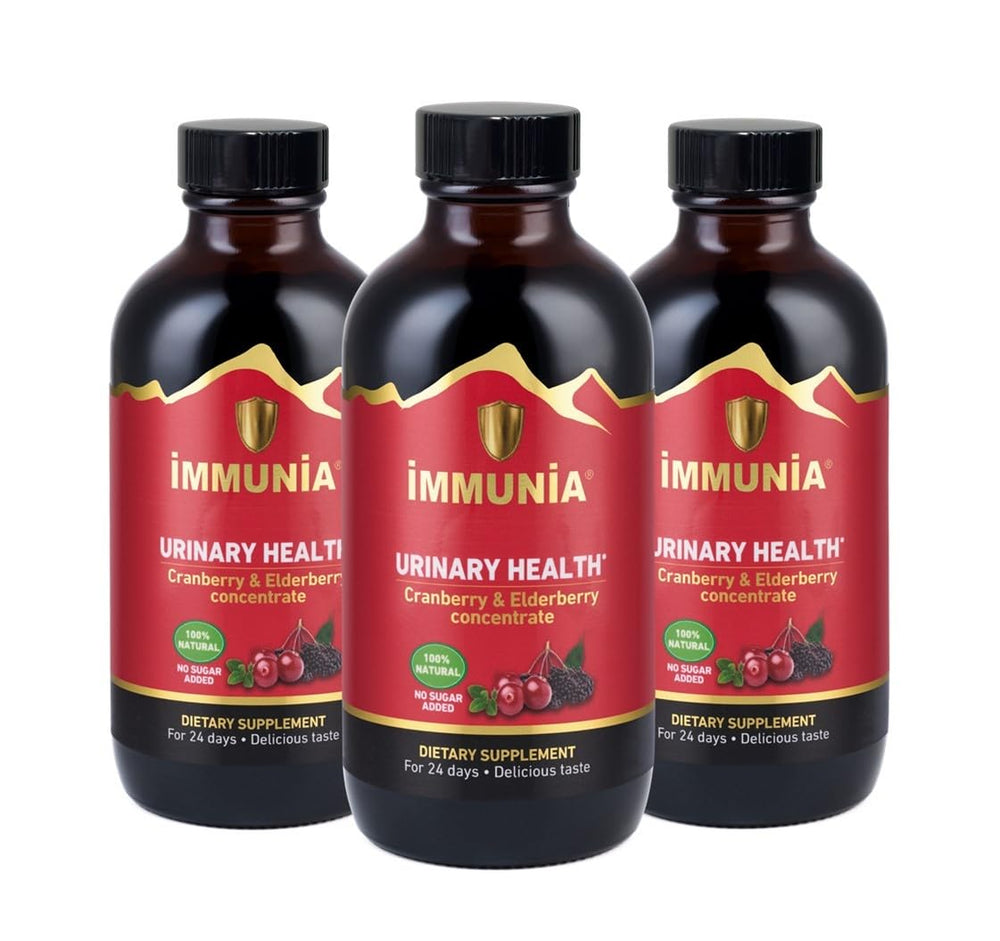 Immunia urinary health bottle shows cranberry-elderberry blend for daily wellness
