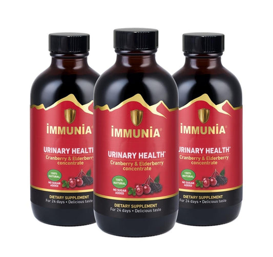 Immunia urinary health bottle shows cranberry-elderberry blend for daily wellness