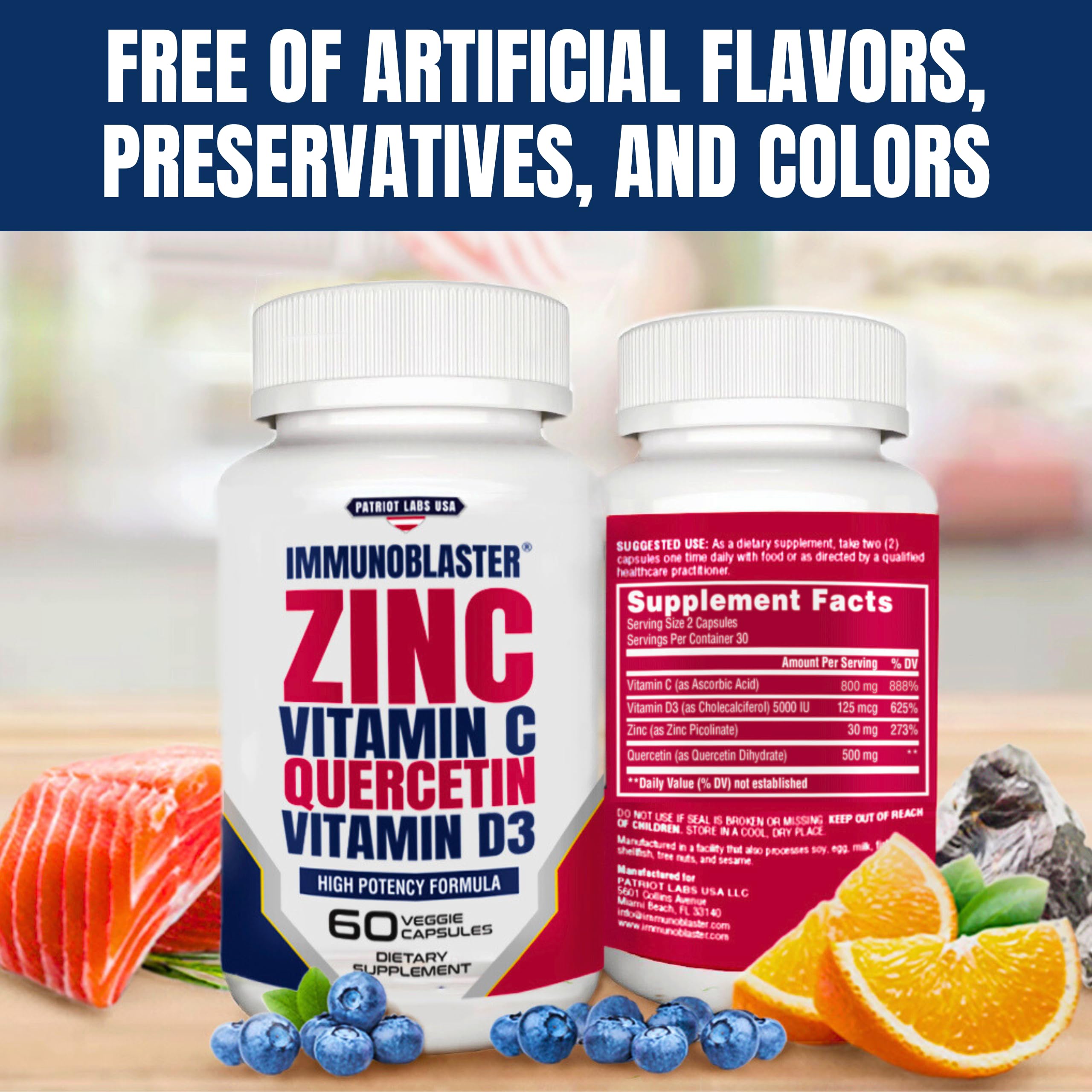 IMMUNO BLASTER zinc quercetin bottle side displaying dosage information