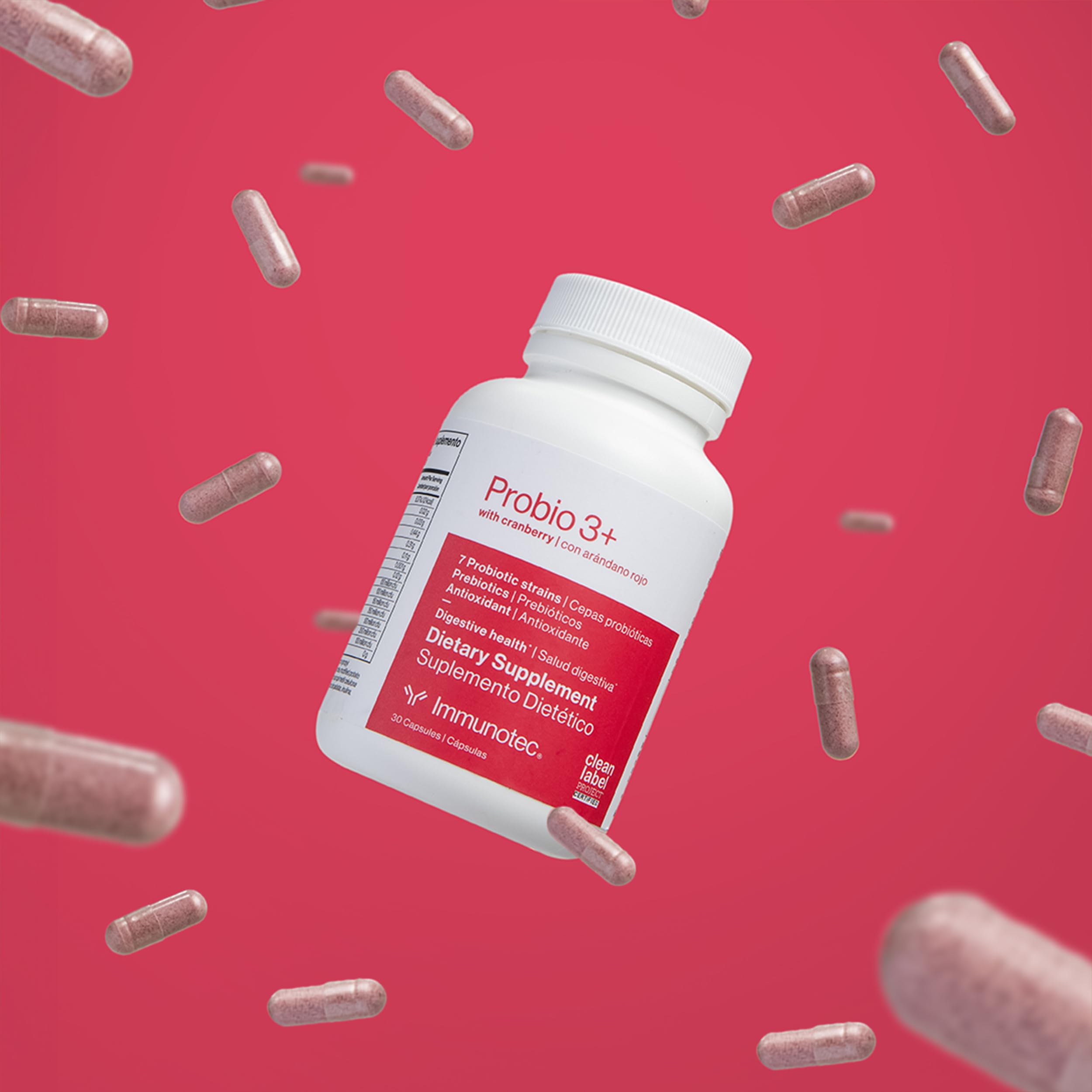 Immunotec PROBIO 3+ label image emphasizes cranberry extract and balanced microbiome support
