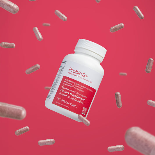 Immunotec PROBIO 3+ label image emphasizes cranberry extract and balanced microbiome support