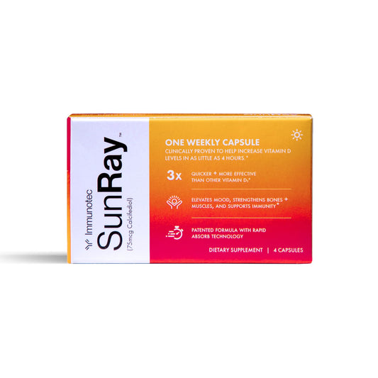 Immunotec Sunray bottle close-up highlighting fast-acting calcifediol delivery for weekly vitamin D support.