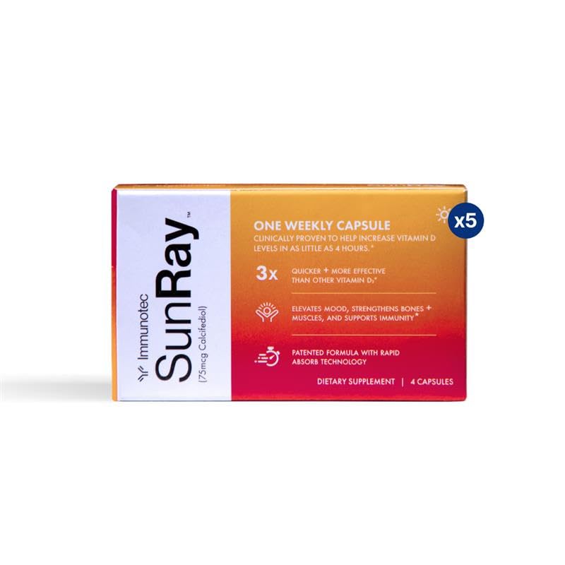 Immunotec Sunray bottle beside packaging illustrating weekly dose for steady energy.