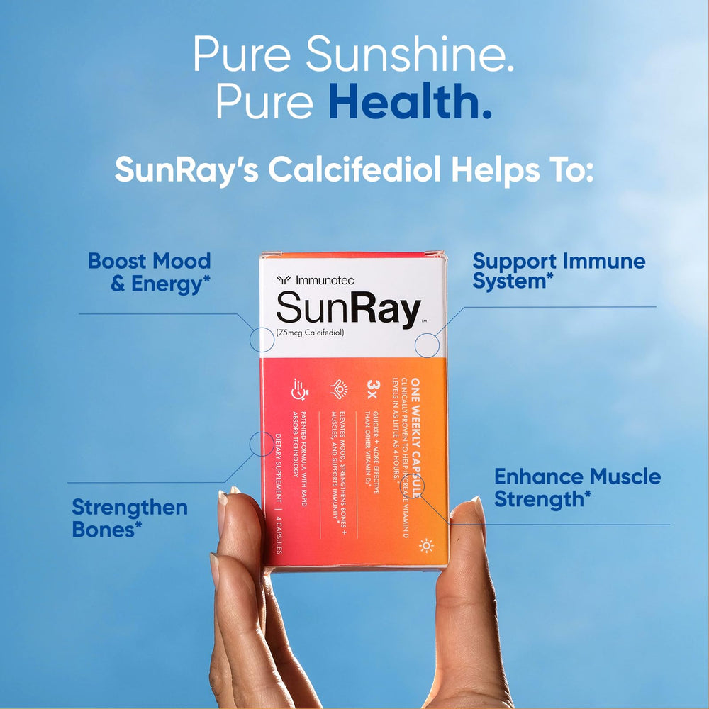 Sunray dosage schedule card with Calcifediol 75 mcg weekly plan.