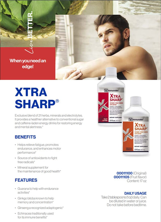Immunotec Xtra-Sharp fruit bottle-front display highlighting packaging and energy focus.