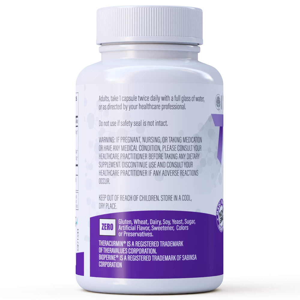 Ginger and Bioperine ingredients visible in Theracurmin formulation for absorption support.