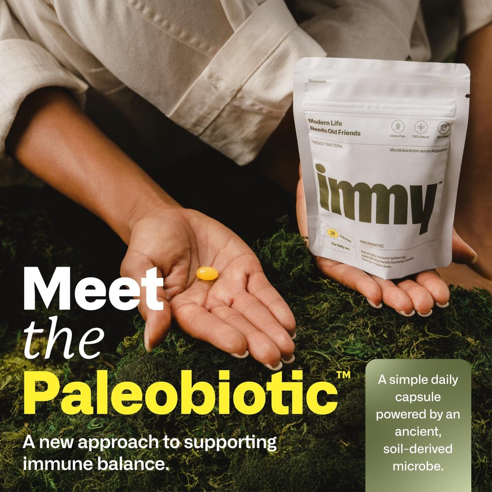 IMMY capsules closeup highlights easy-to-take daily gut-friendly support.