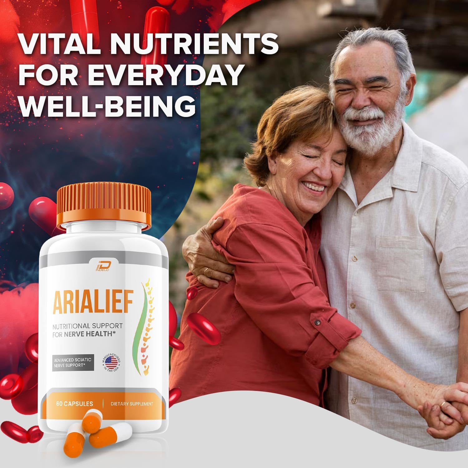 A hand holding Indelo Arialief bottle demonstrates easy daily routine.