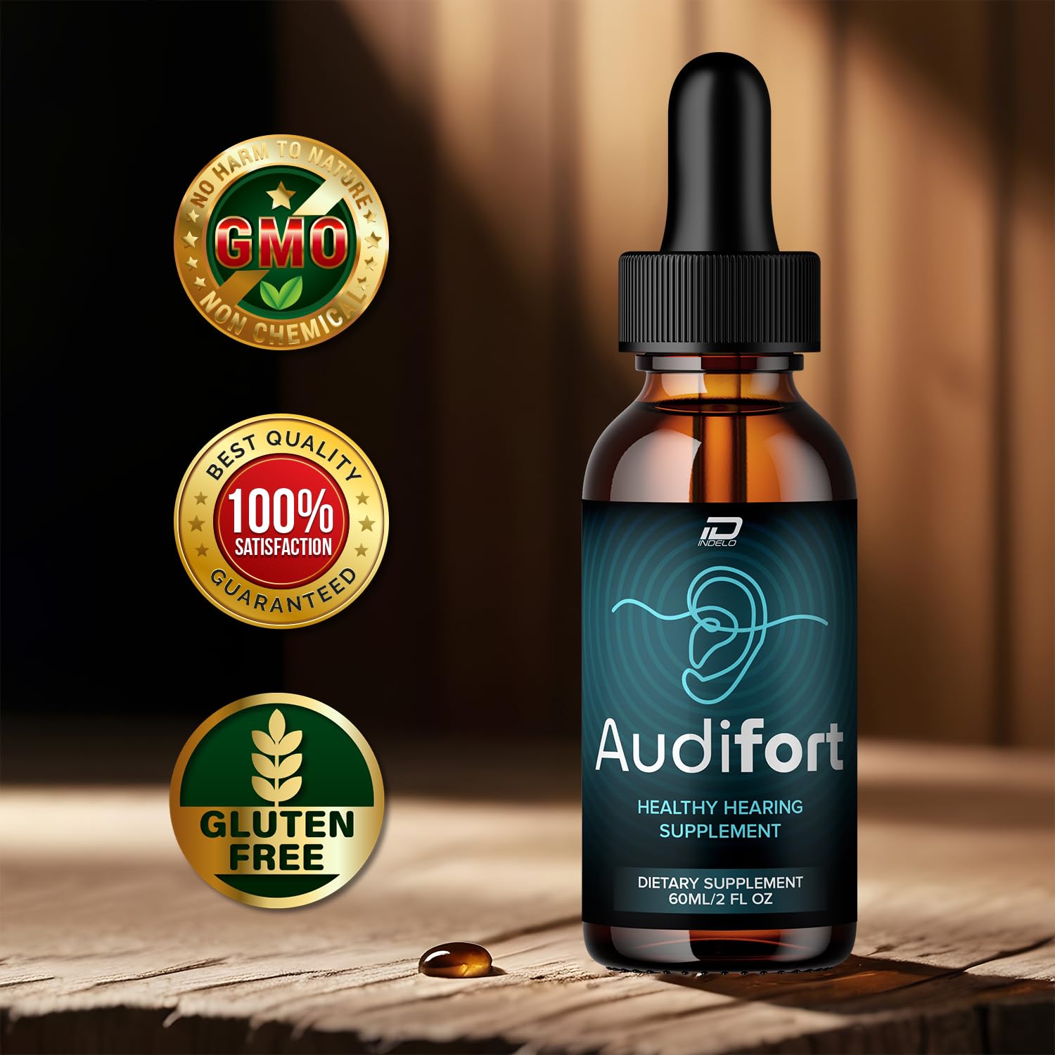 Indelo Audifort Pro 24 drops and dropper for controlled use.