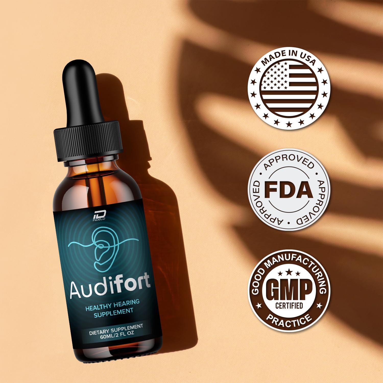 Audifort Pro liquid drops close-up highlighting natural sourcing.