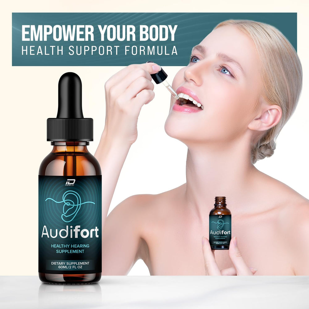 Indelo Audifort Pro liquid drops close-up for easy dosing.