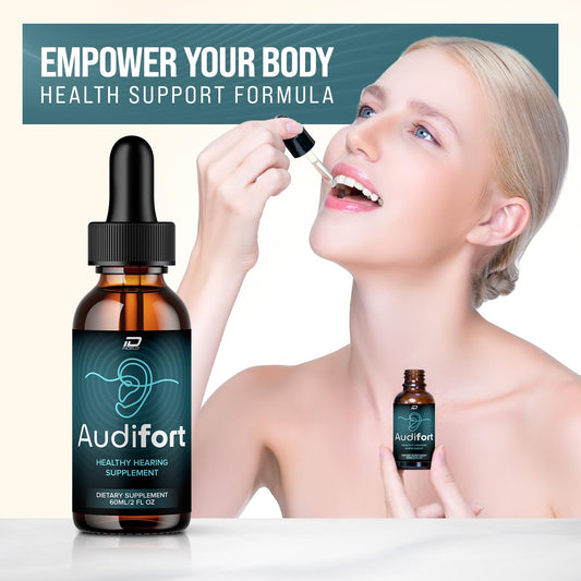 Indelo Audifort Pro liquid drops close-up for easy dosing.