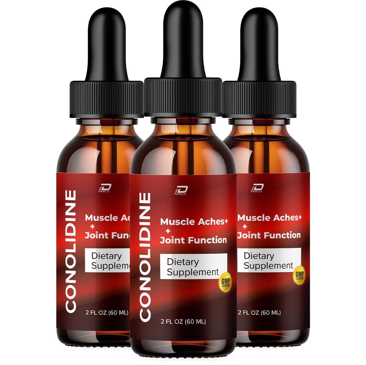 Indelo Conolidine liquid drops bottle with clear liquid for daily wellness.