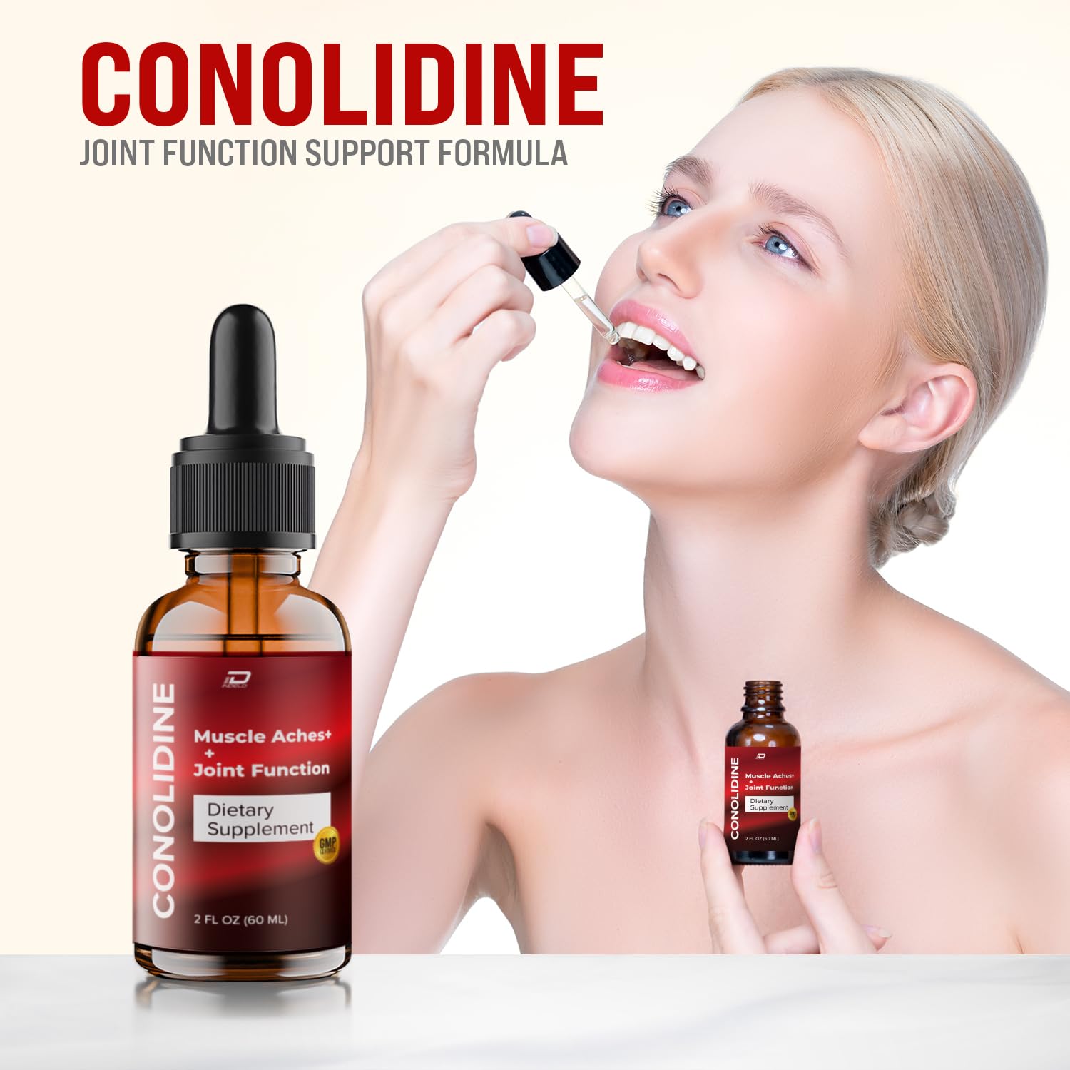 Indelo Conolidine dropper and bottle highlighting natural ingredients.