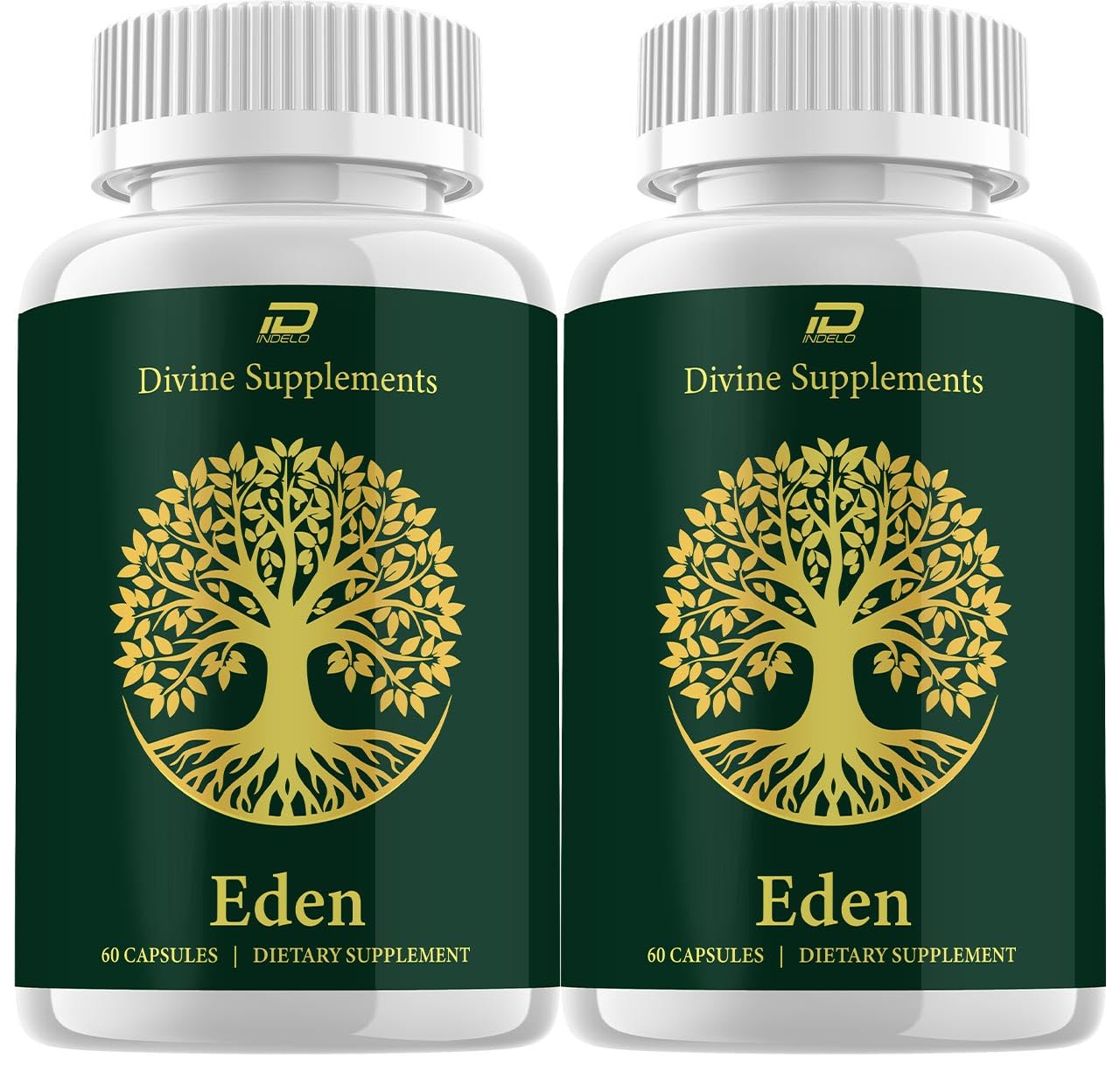 Indelo Eden Capsules bottle front with two-pack packaging for daily digestive support.