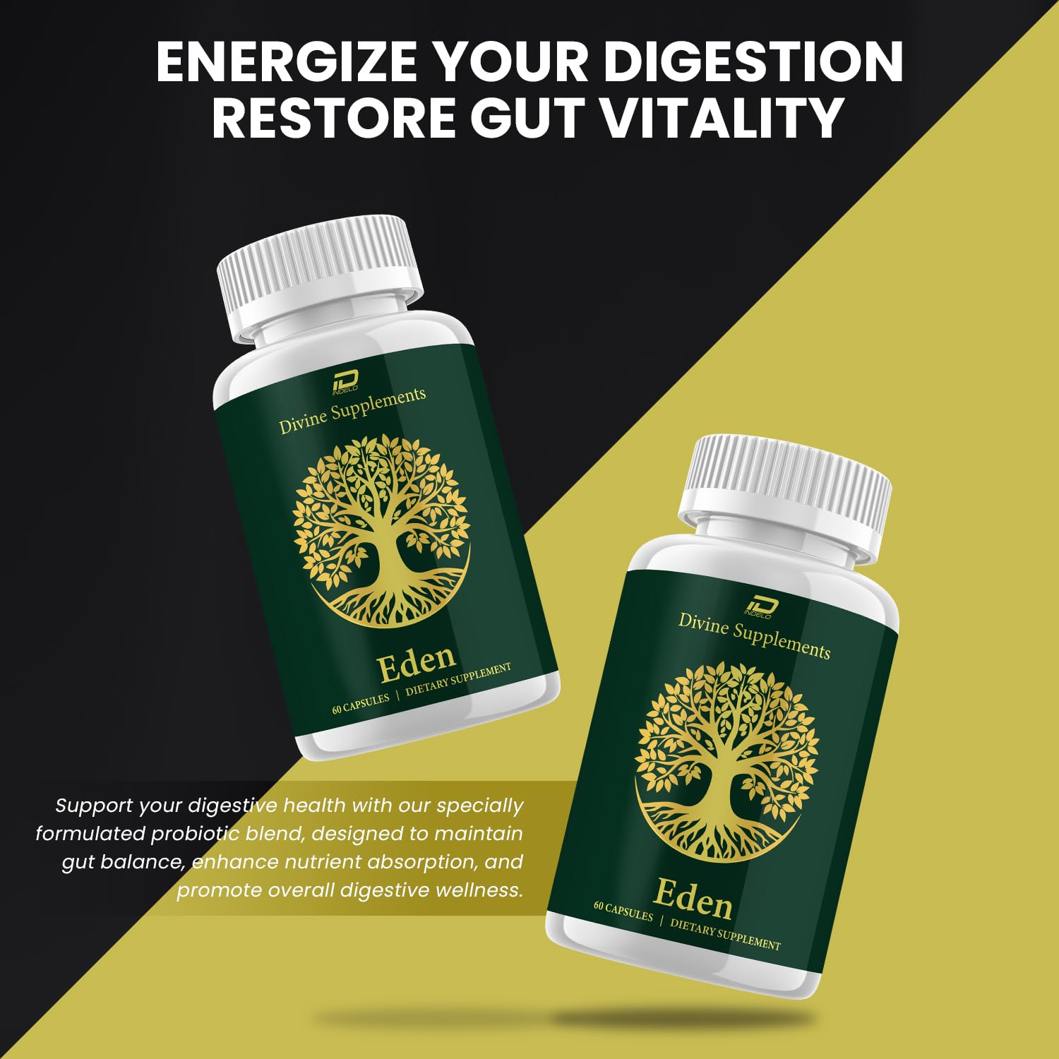 Indelo Eden Capsules label close-up showing absence of artificial additives.
