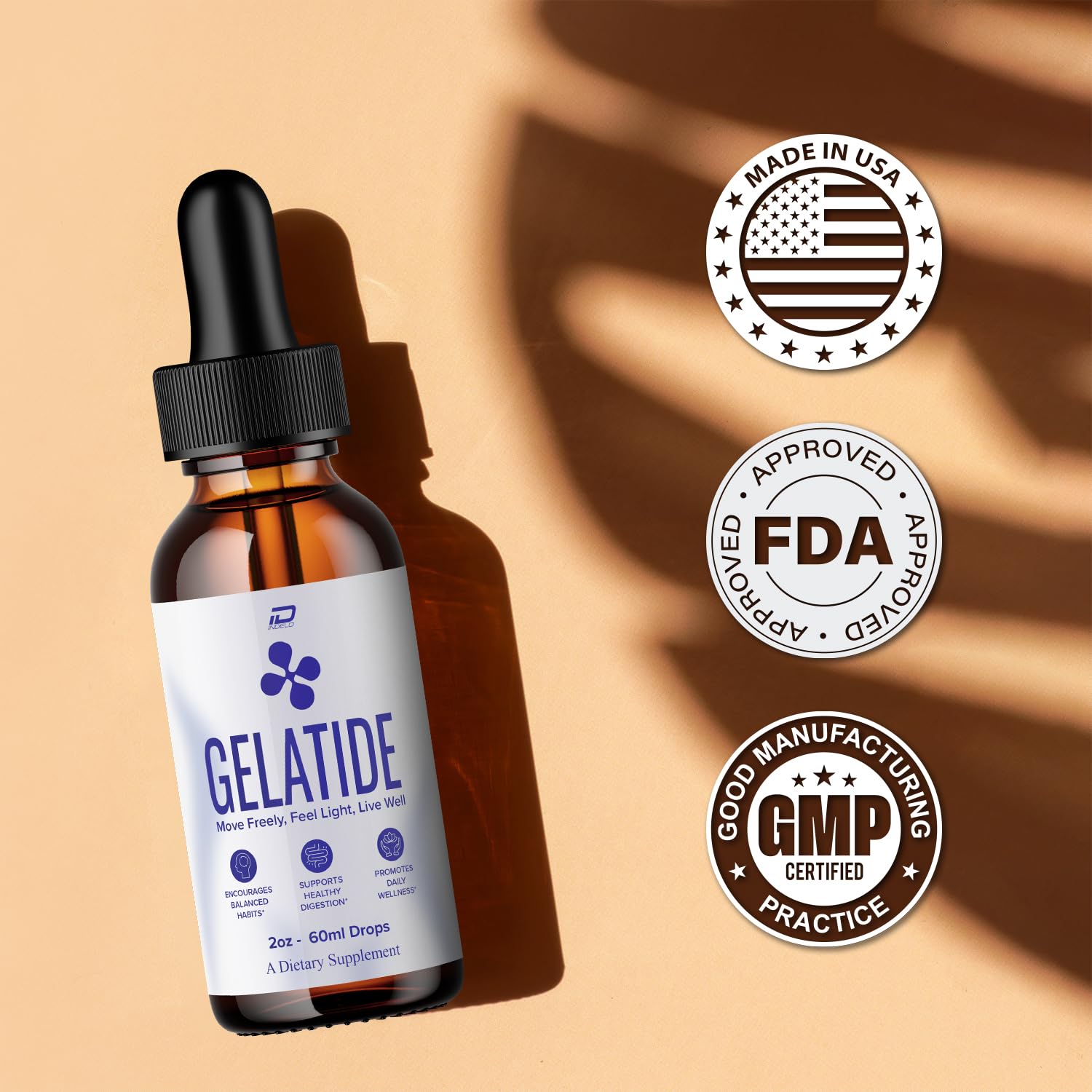 Made in the USA seal on Gelatide Drops bottle.
