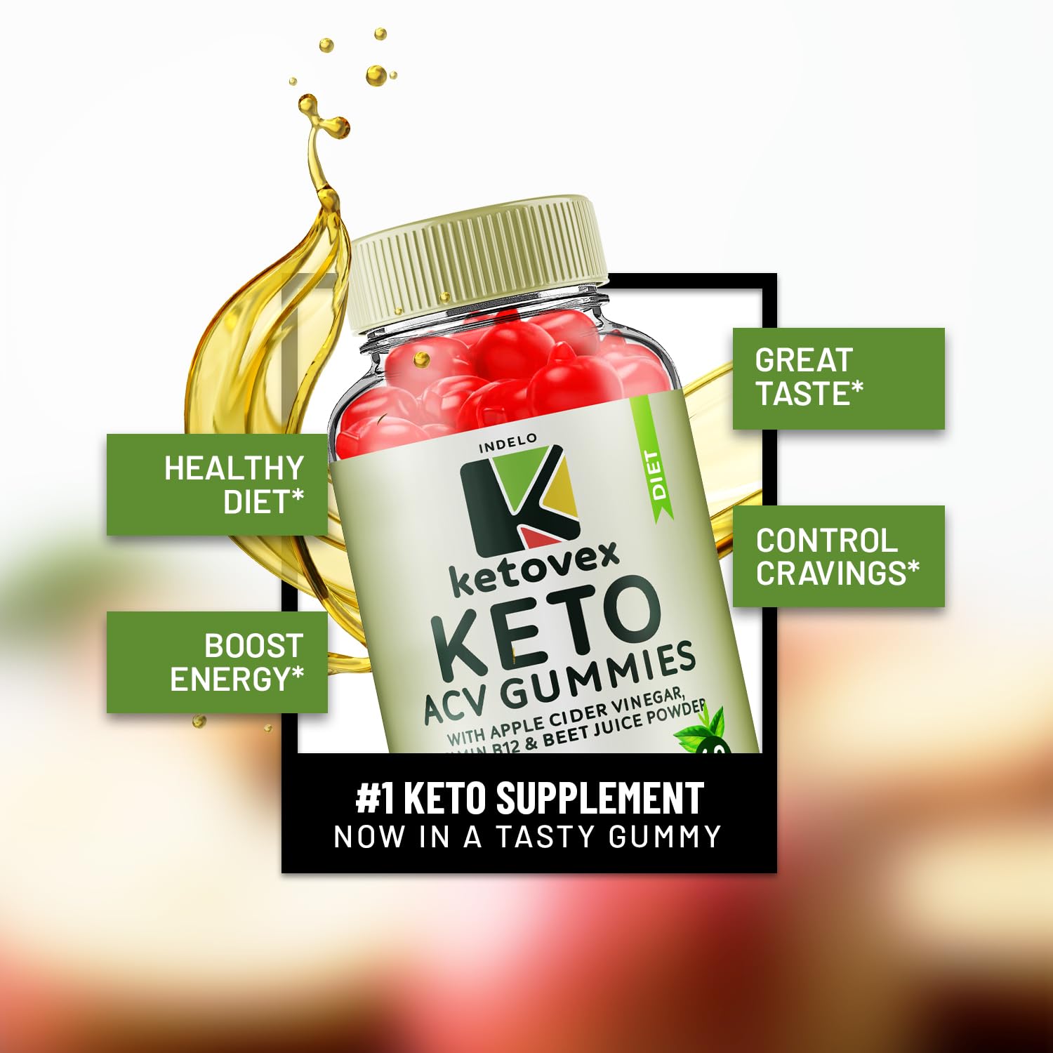 Indelo Ketovex Gummies bottle pour showing easy daily consumption