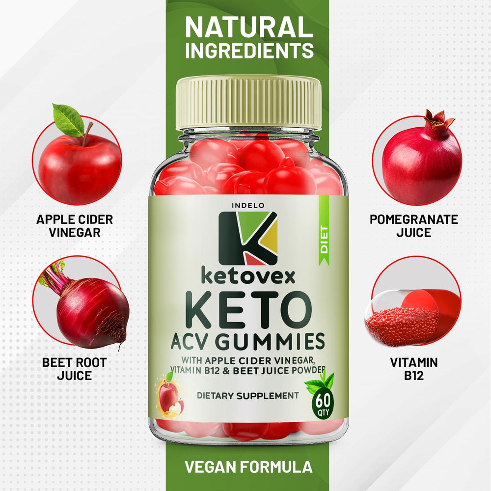 Indelo Ketovex Gummies ingredients table featuring ACV, B12, beet juice, pomegranate