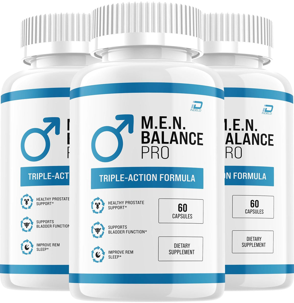 Indelo M.E.N Balance Pro bottle on a clean surface, supports daily wellness.