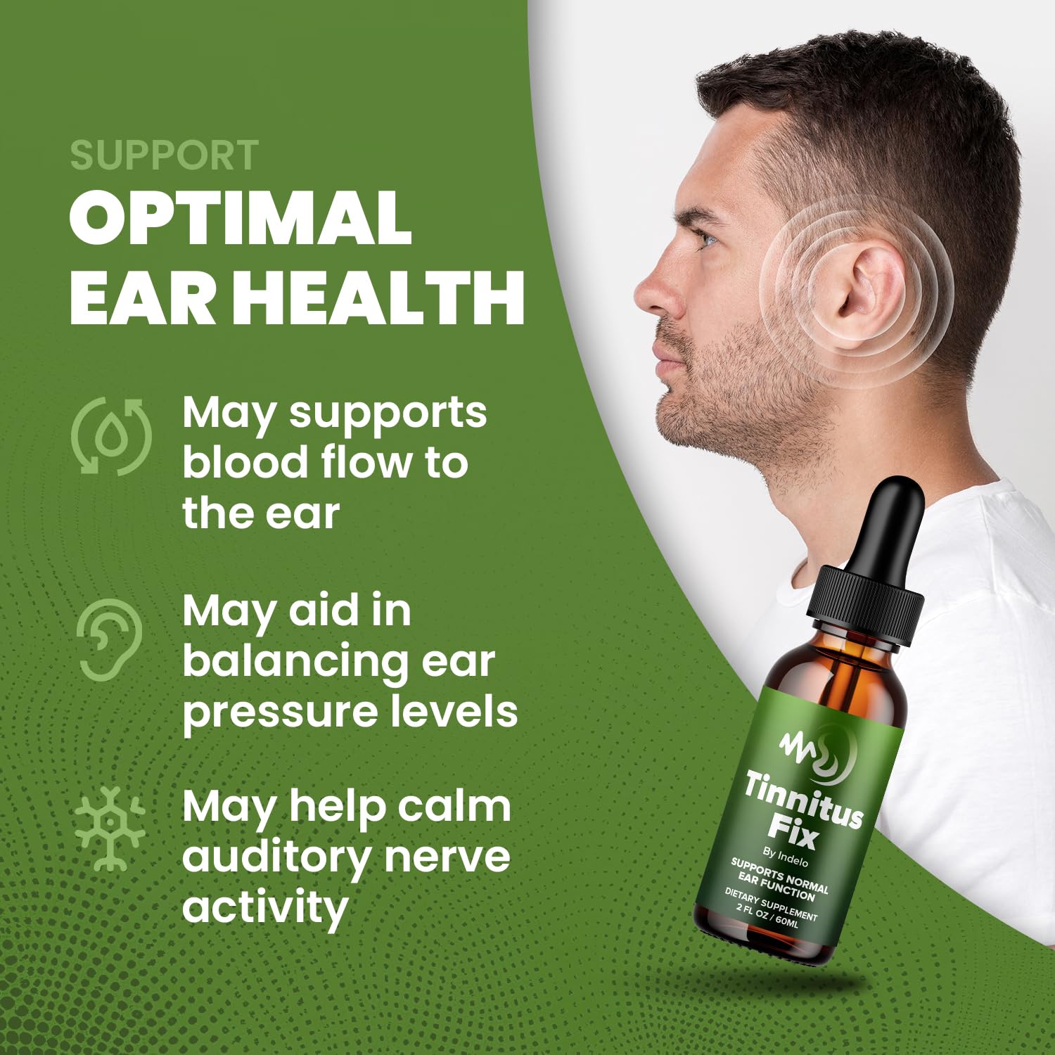 Close-up of Indelo Tinnitus Fix Drops showing natural ingredients.