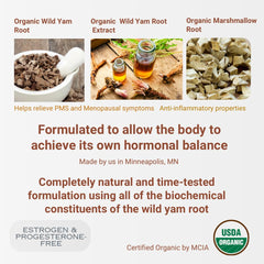 Indian Meadow Herbals Wild Yam Root Cream label with USDA Organic certification visible.
