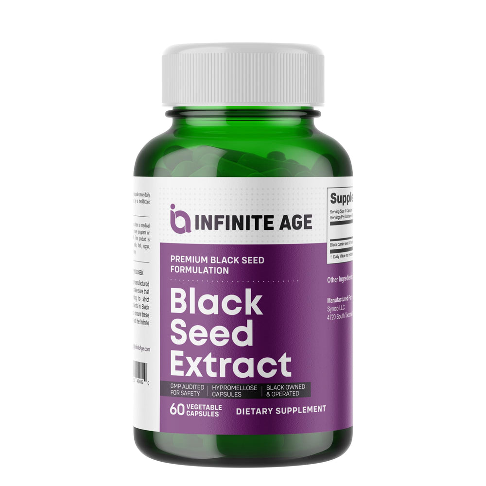 Infinite Age dry black seed oil capsules bottle for skin and immunity.