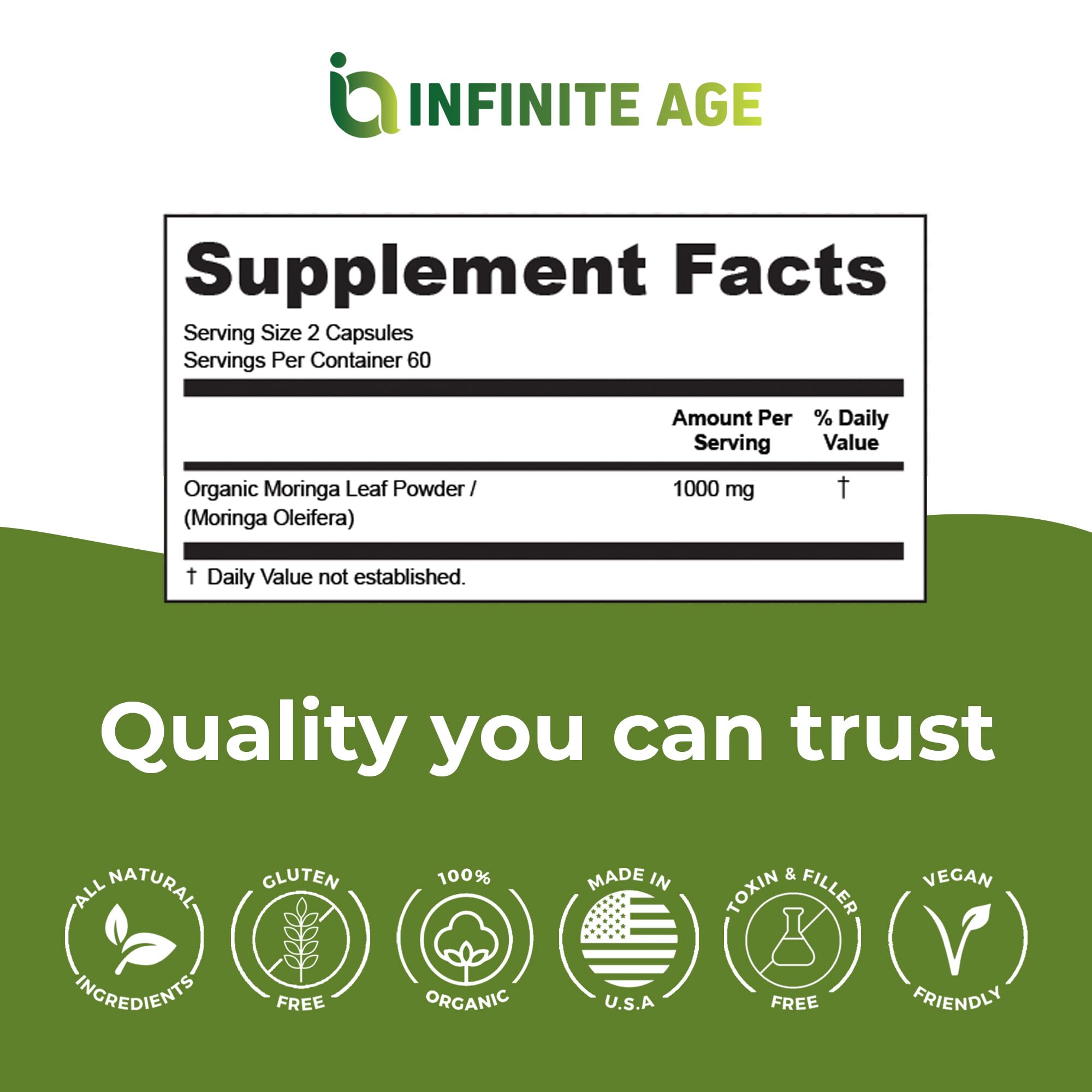 INFINITE AGE moringa label emphasizes Made in USA and vegan, gluten-free attributes