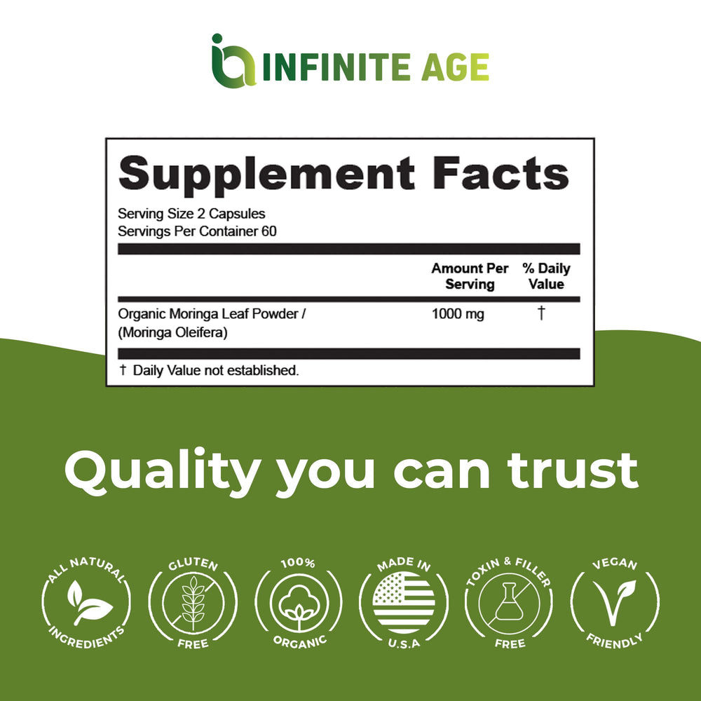INFINITE AGE moringa label emphasizes Made in USA and vegan, gluten-free attributes