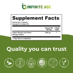 INFINITE AGE moringa label emphasizes Made in USA and vegan, gluten-free attributes