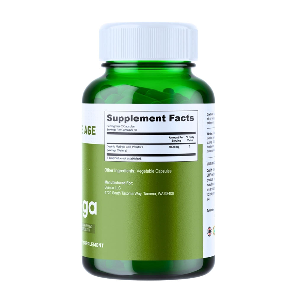 INFINITE AGE moringa capsules close-up highlights rich powder and smooth capsules for easy daily use