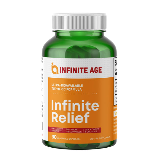 INFINITE AGE Infinite Relief joint capsule bottle label front, supports daily comfort.