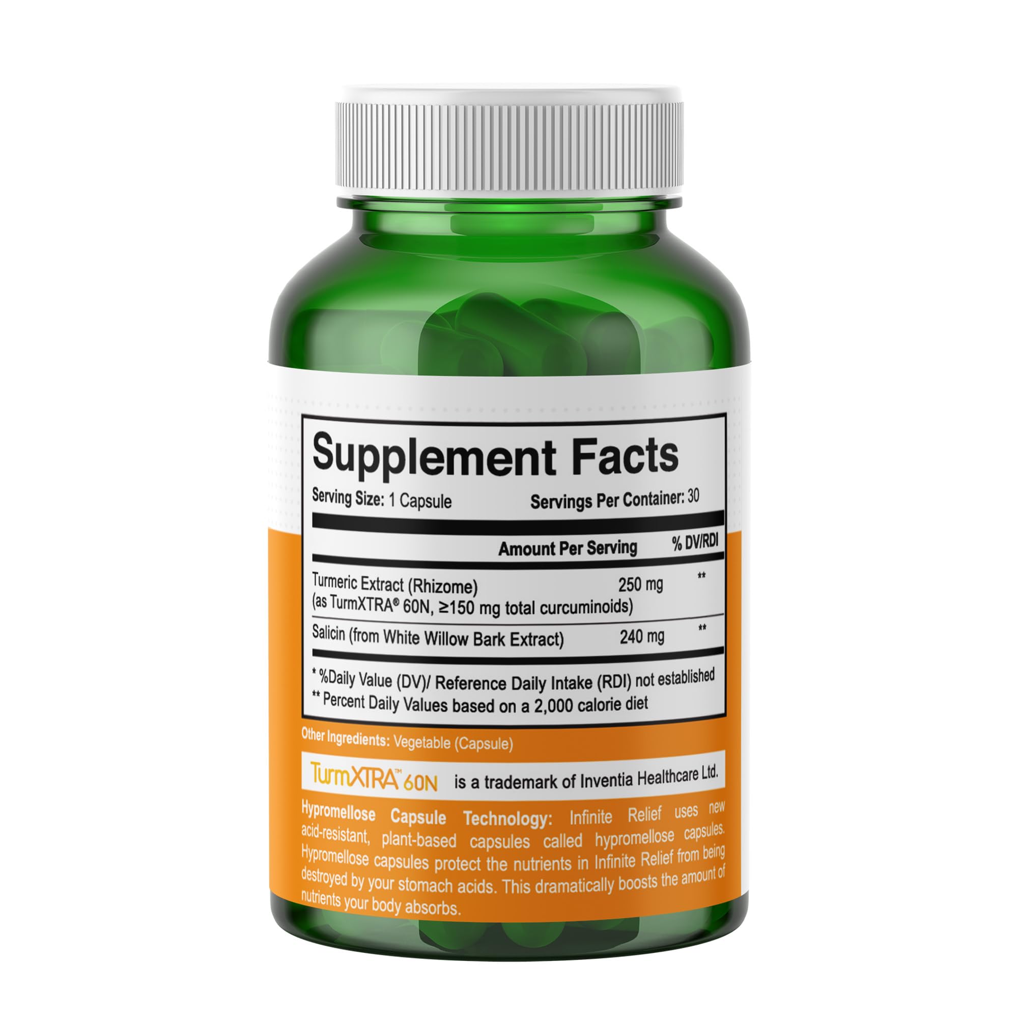 INFINITE AGE Infinite Relief capsules closeup highlighting turmeric and white willow blend.