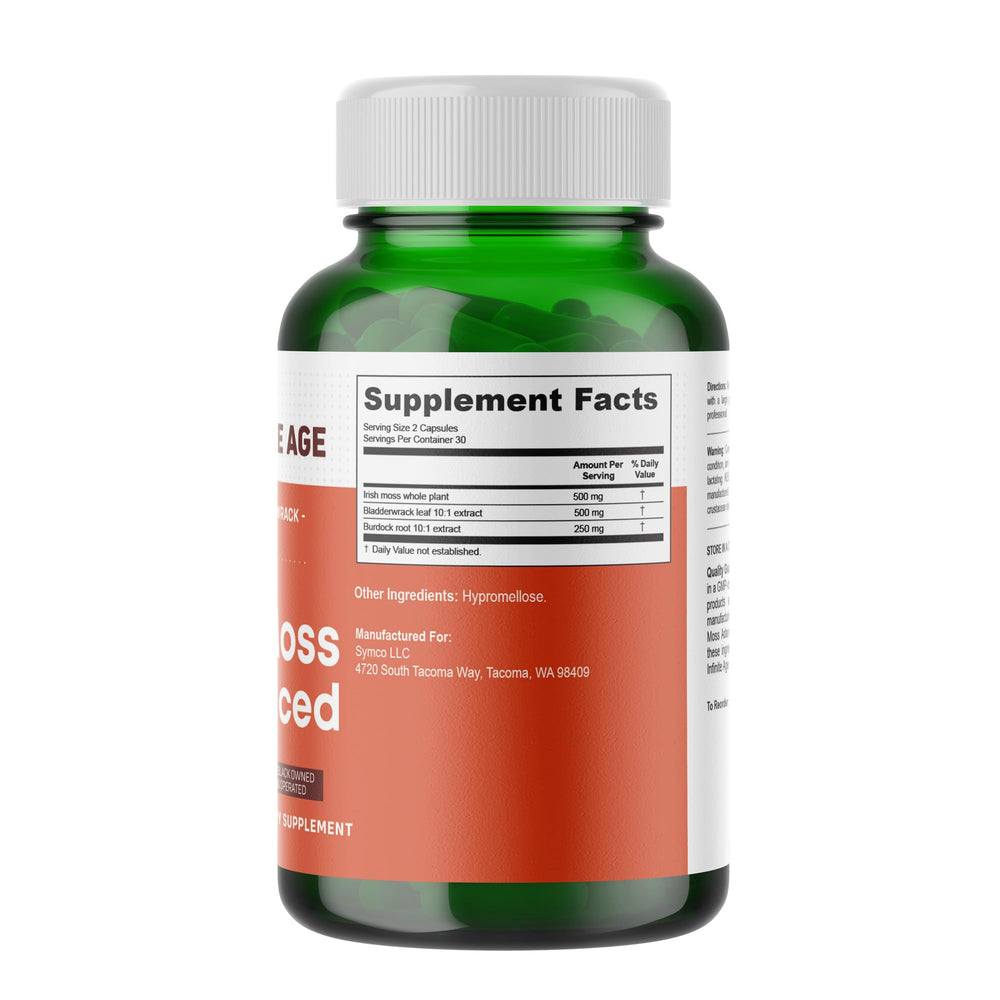 INFINITE AGE sea moss bottle front view highlighting easy-to-swallow vegan capsules.