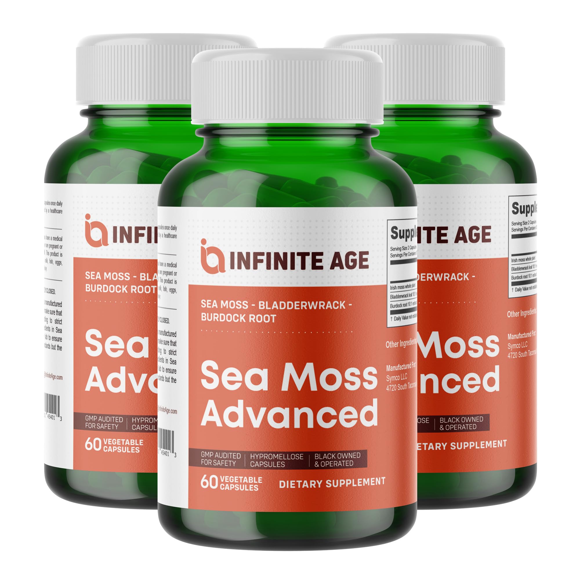 INFINITE AGE sea moss bottle showing premium, high-potency seaweed capsules for daily wellness.