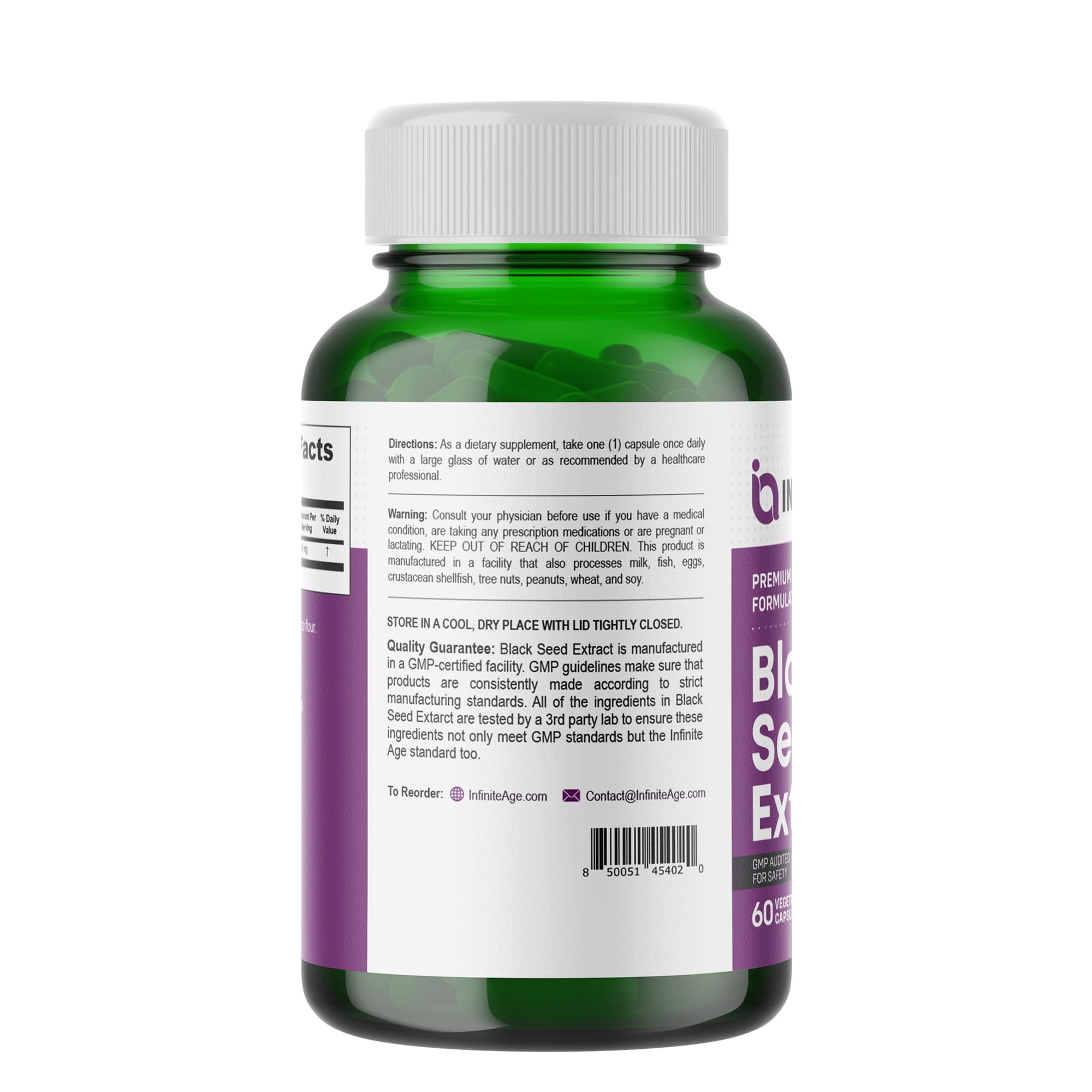 Close-up of Infinite Age capsules highlighting thymoquinone-rich extract.