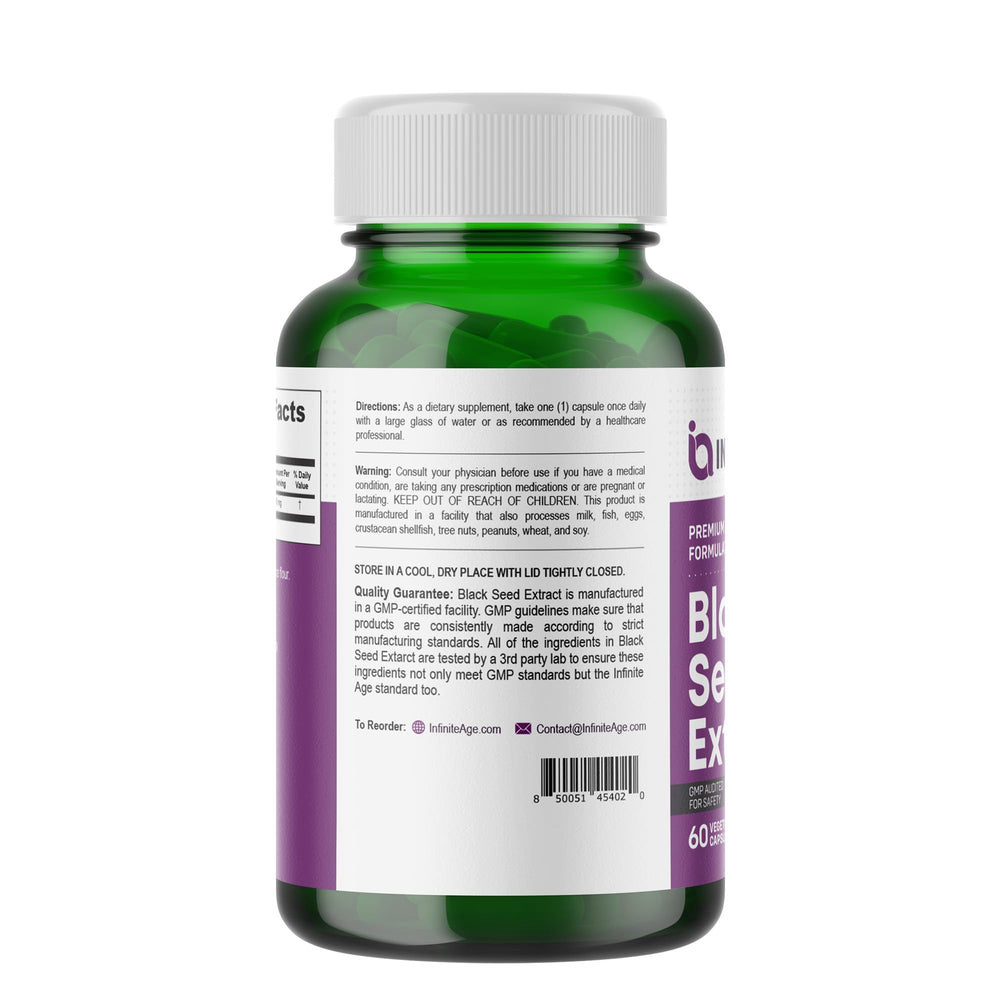 Close-up of Infinite Age capsules highlighting thymoquinone-rich extract.