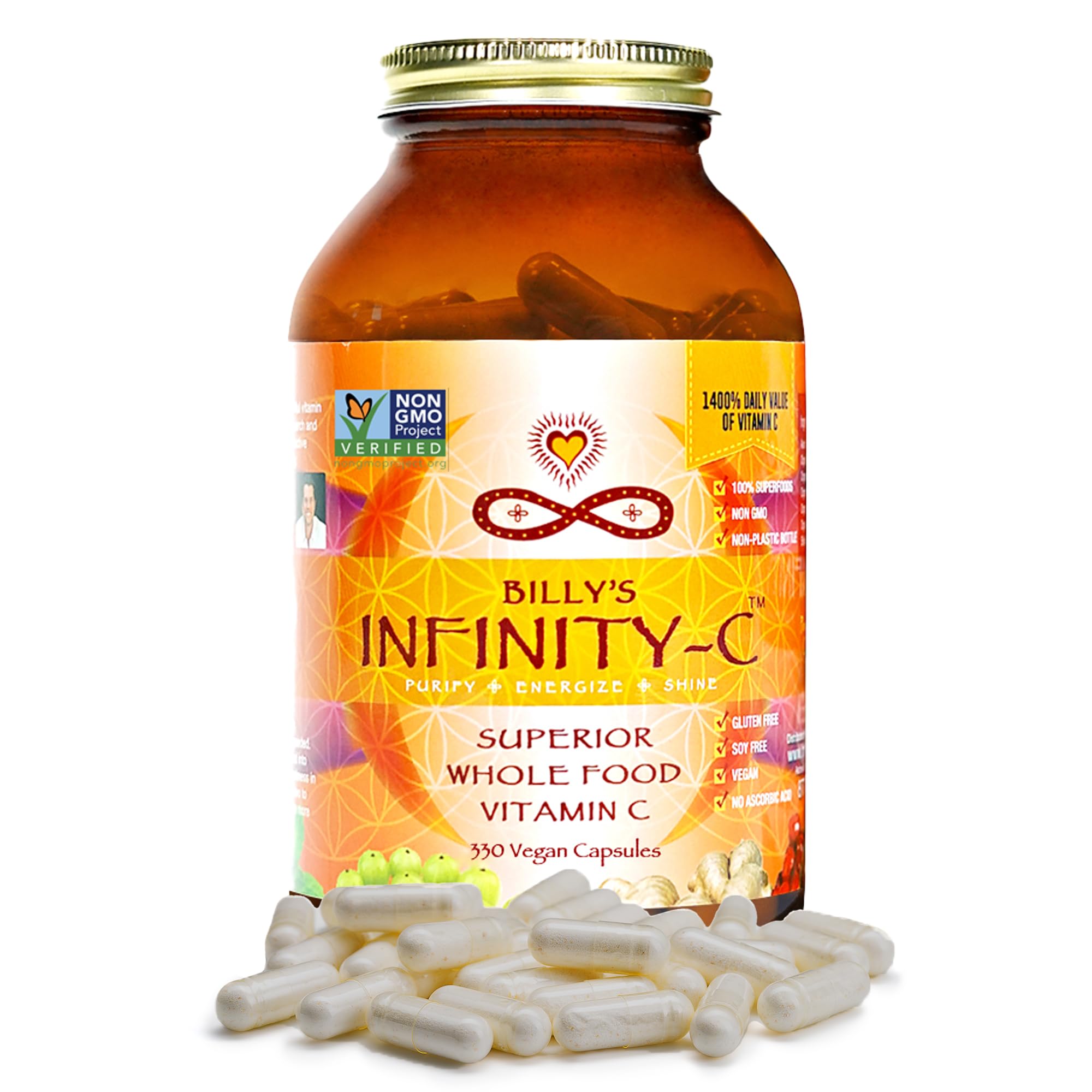 Infinity-C capsules in bottle showing plant-based vitamin C for immune support