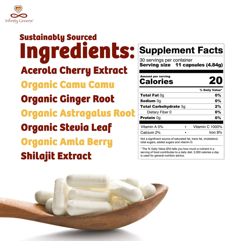 Serving suggestion for Infinity-C with 11 capsules and water