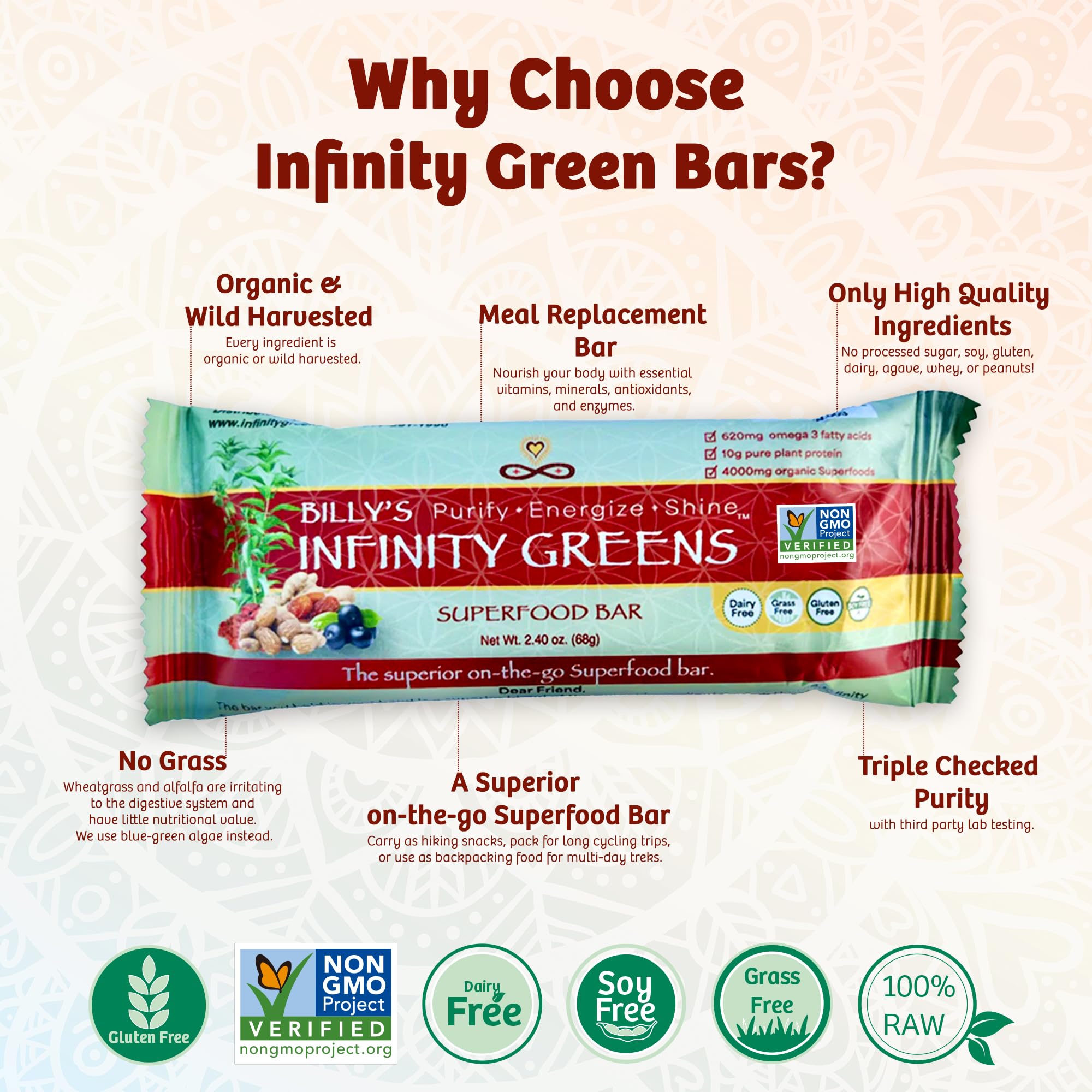 Infinity Greens bars in a gym bag, gluten-free and non-GMO.