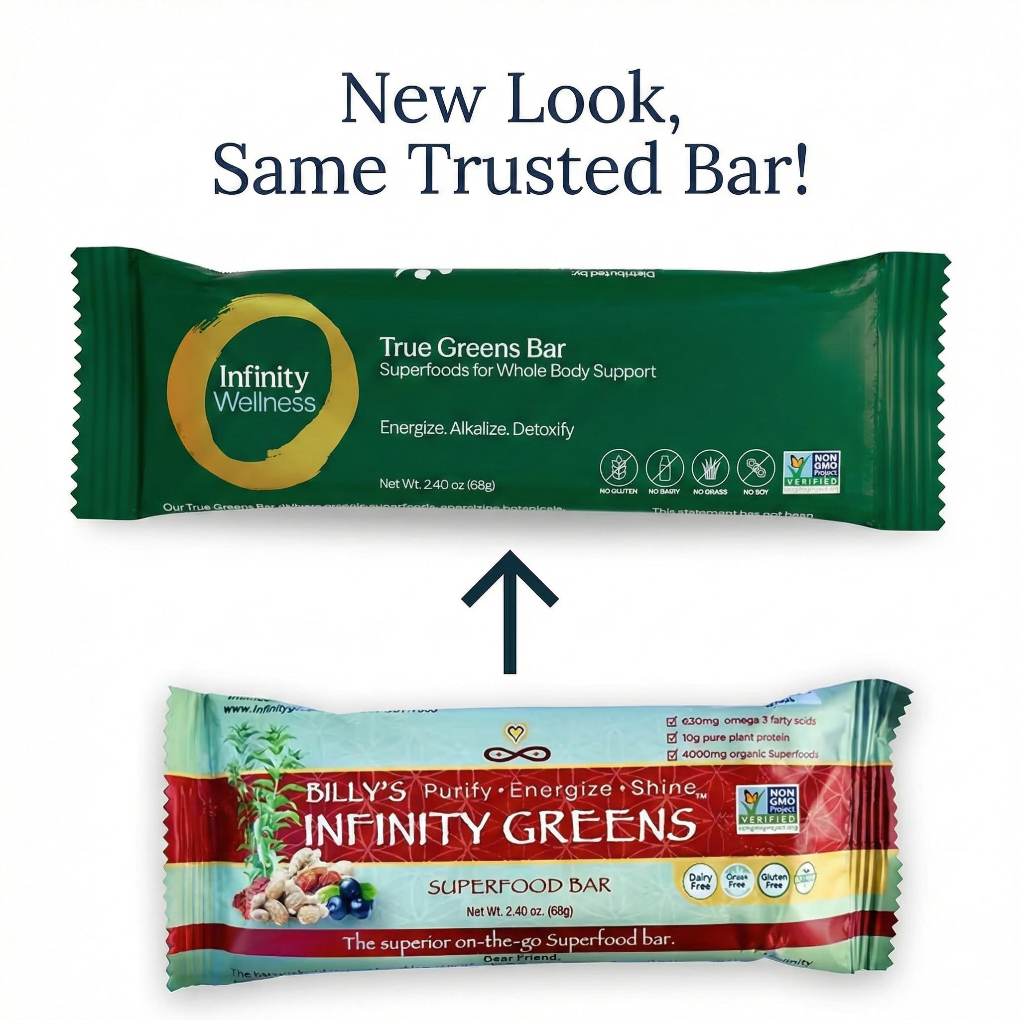 Infinity Greens bars ingredients close-up with almonds, spirulina, and maca for nutrient density.